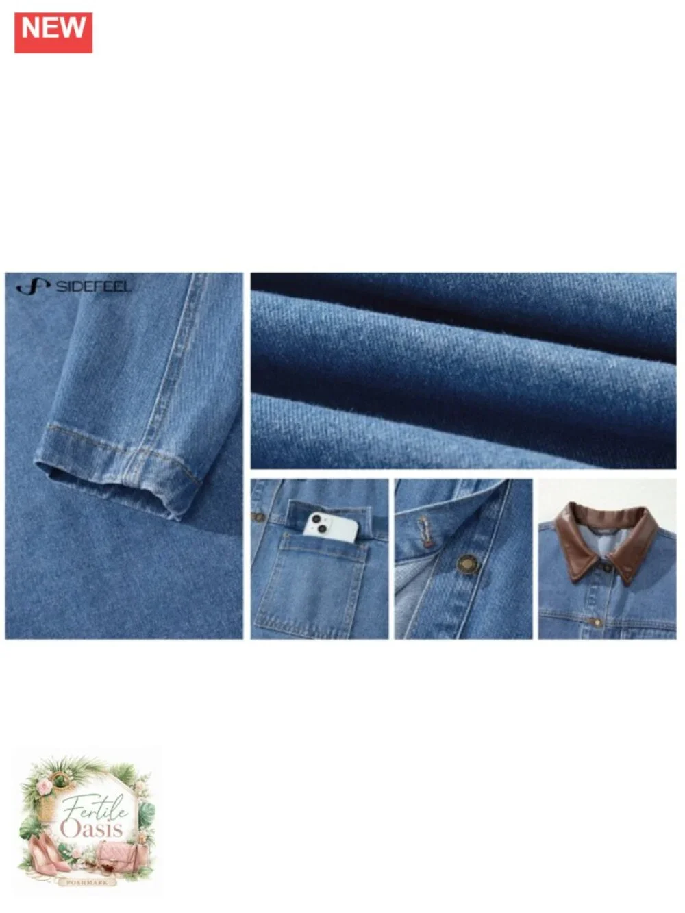 Women's Trendy Denim Jacket with Leather Collar Button Down Long Sleeve